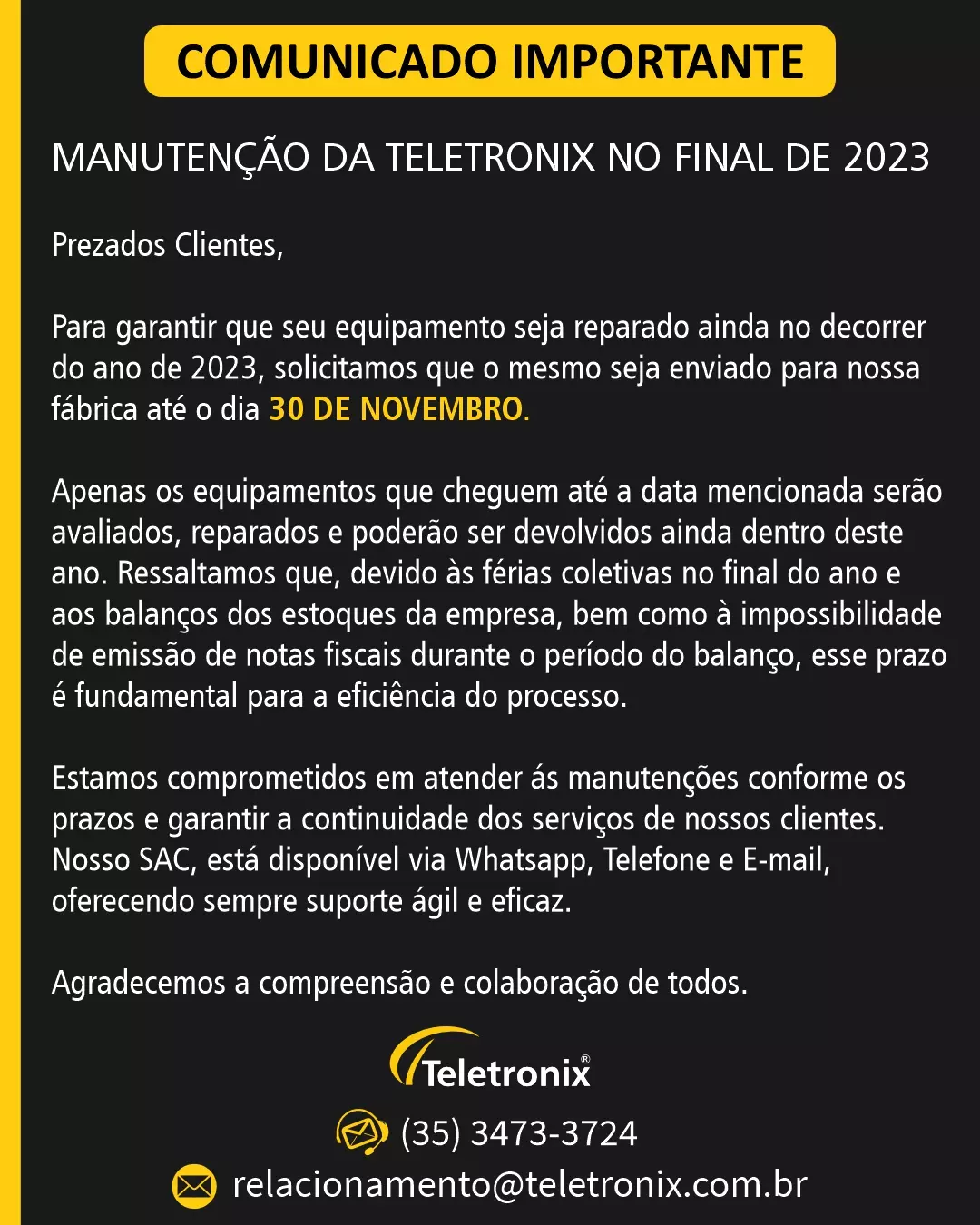 comunicado teletronix manutenção